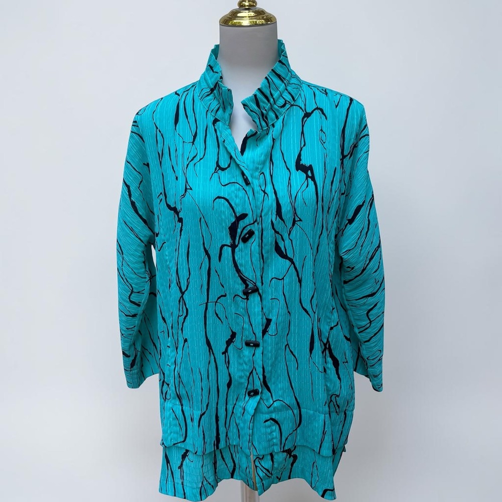 Ali Miles Blouse‎ Top S Turquoise Black Abstract Ruffle Collar Crinkle